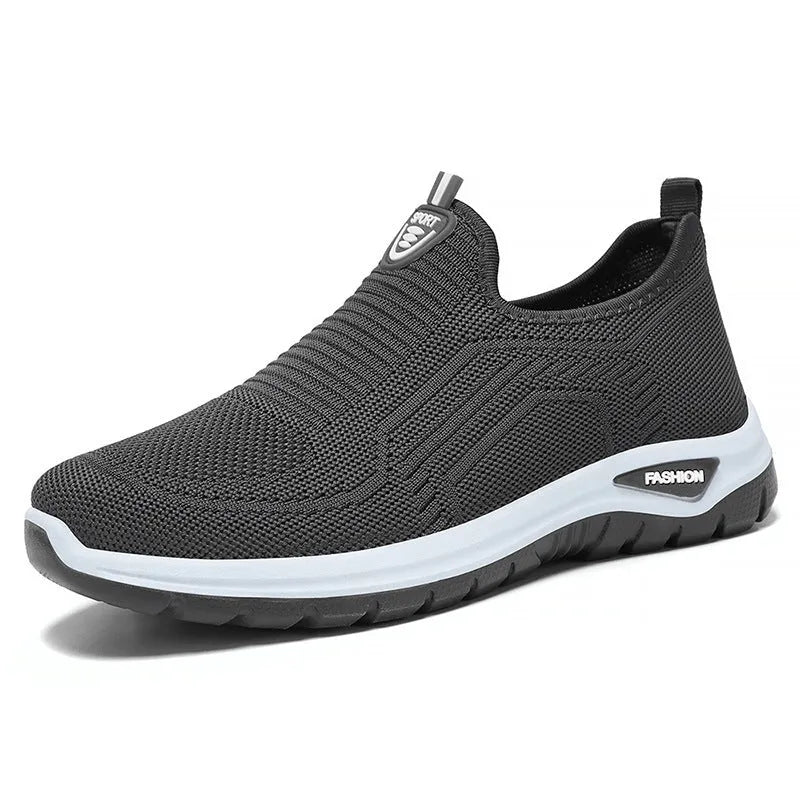 Men's black and grey breathable casual shoes with mesh lining and round toe design