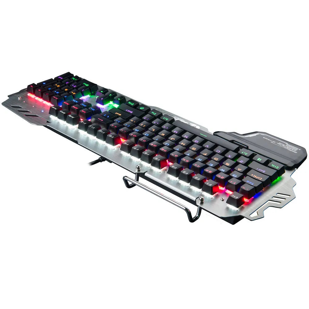 Silver metal panel professional gaming keyboard with built-in wrist splint on a desktop.