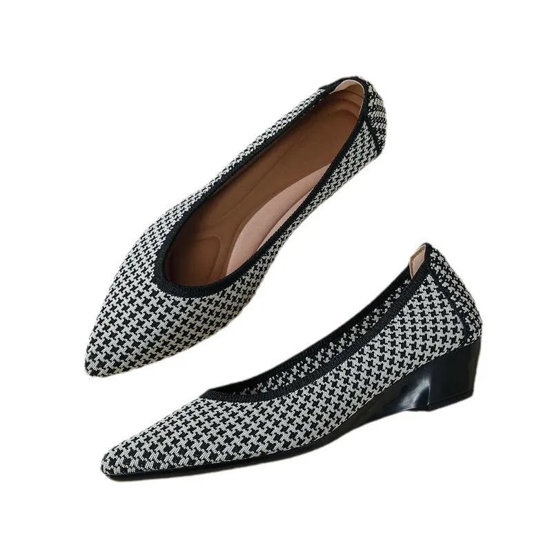Women's leopard print low heel wedge pumps with mesh upper and pointed toe