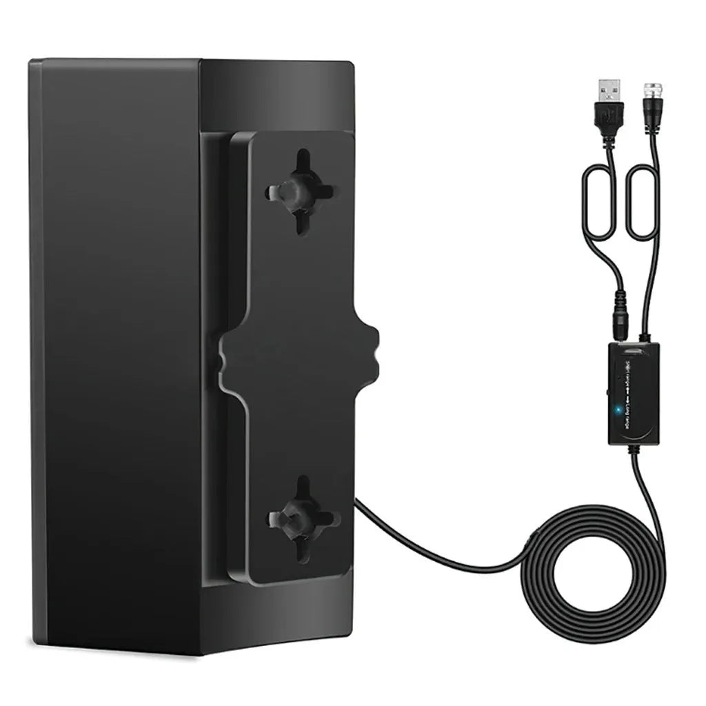Black plastic digital television antenna with dimensions 18x16x7cm and mounting accessories