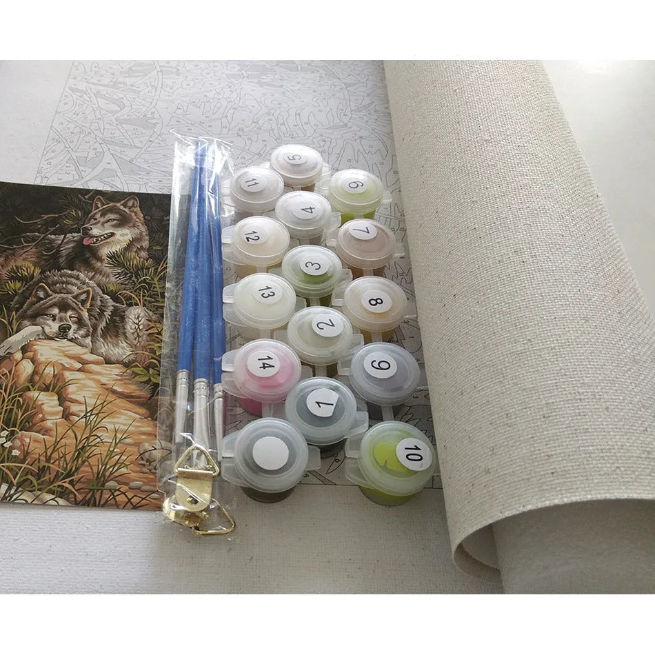 DIY paint by numbers kit showing 40x50cm linen canvas with landscape design and pots of acrylic paint