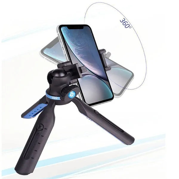 Black desktop mobile phone tripod stand holding a phone, showing adjustable angle bracket.