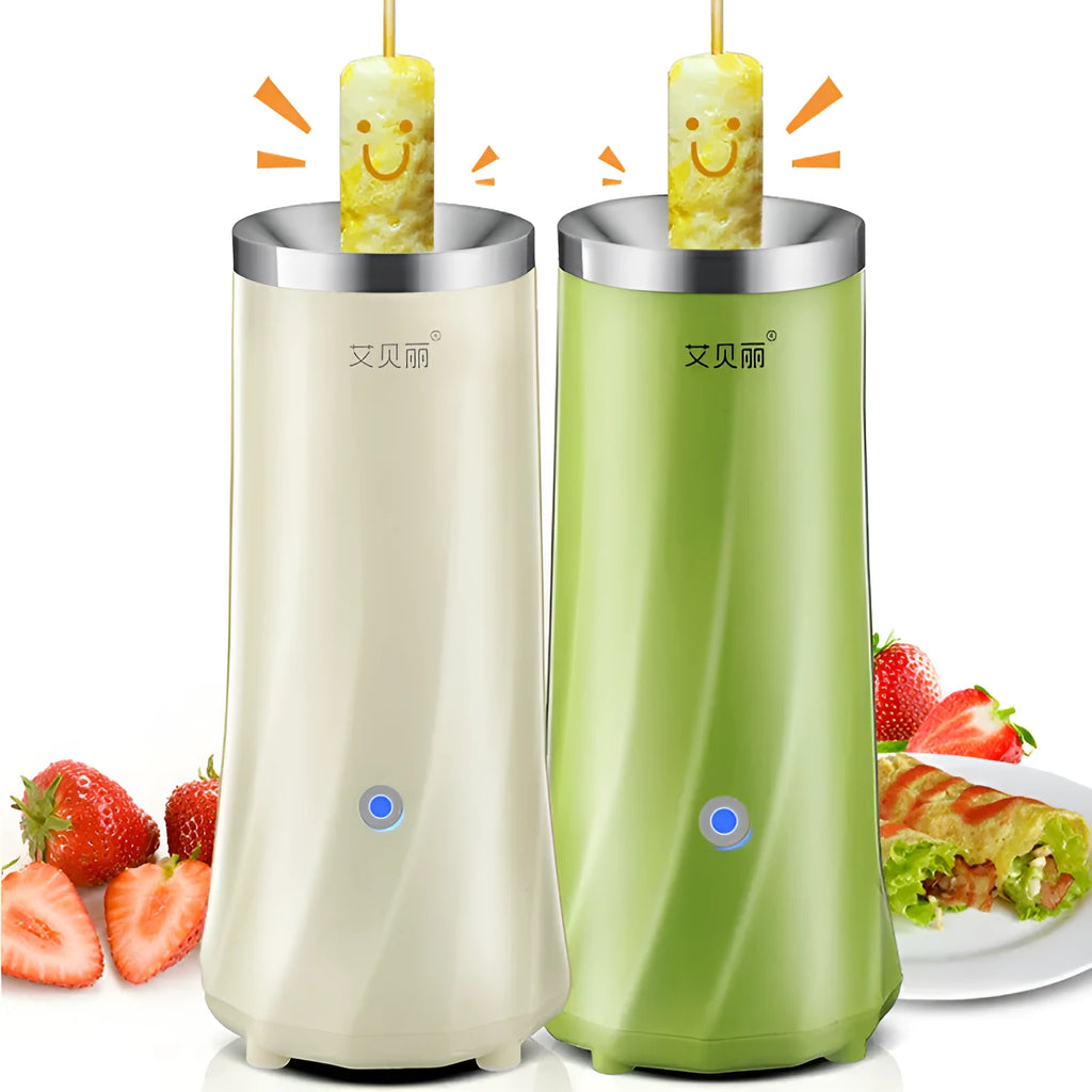 Beige white and green mini breakfast machine on a kitchen countertop.