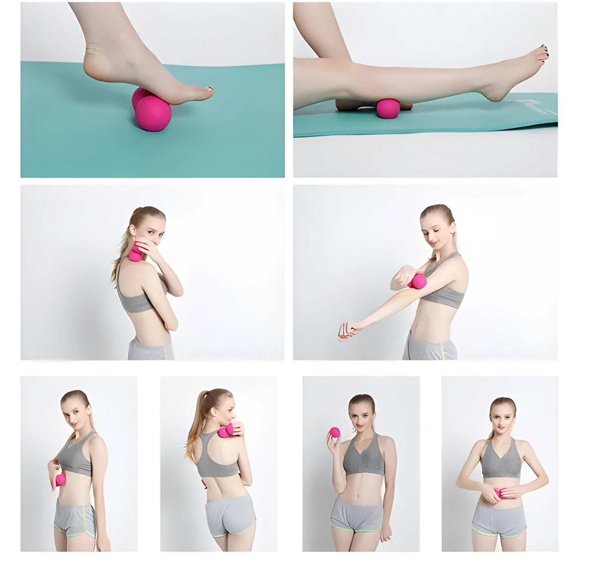 Peanut massage ball in black, blue, green, orange, pink, or purple, hardened material, portable for trigger point massage