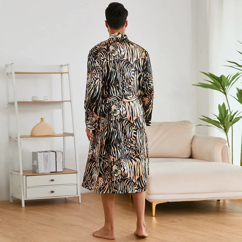 Men's tiger print bathrobe and matching shorts set in ultra-thin fabric