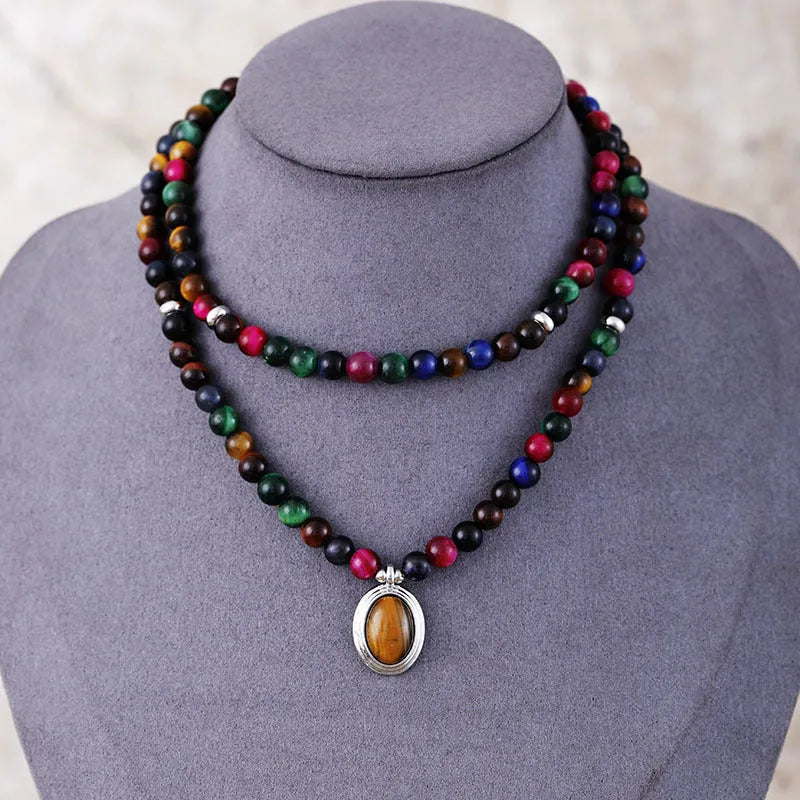Natural stone meditation bracelet necklace with colour tiger-eye beads and 108 symbolic pendants on adjustable chain