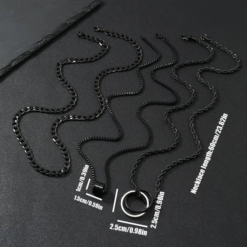 Black titanium steel necklace with cylindrical ring buckle pendant and regular chain