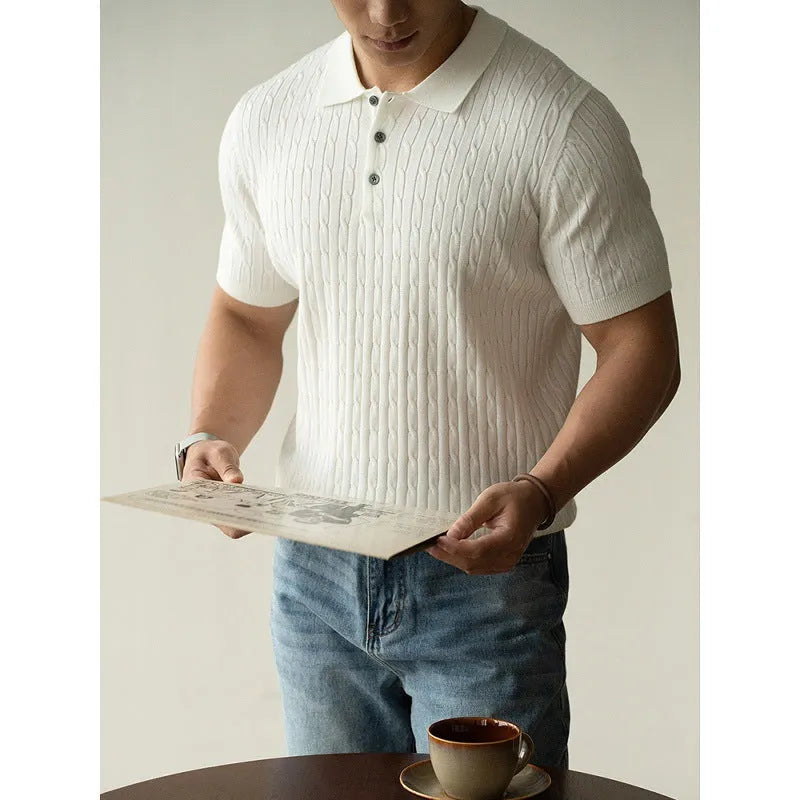 Man wearing a khaki short-sleeve business casual top, showing slim fit and fabric texture.