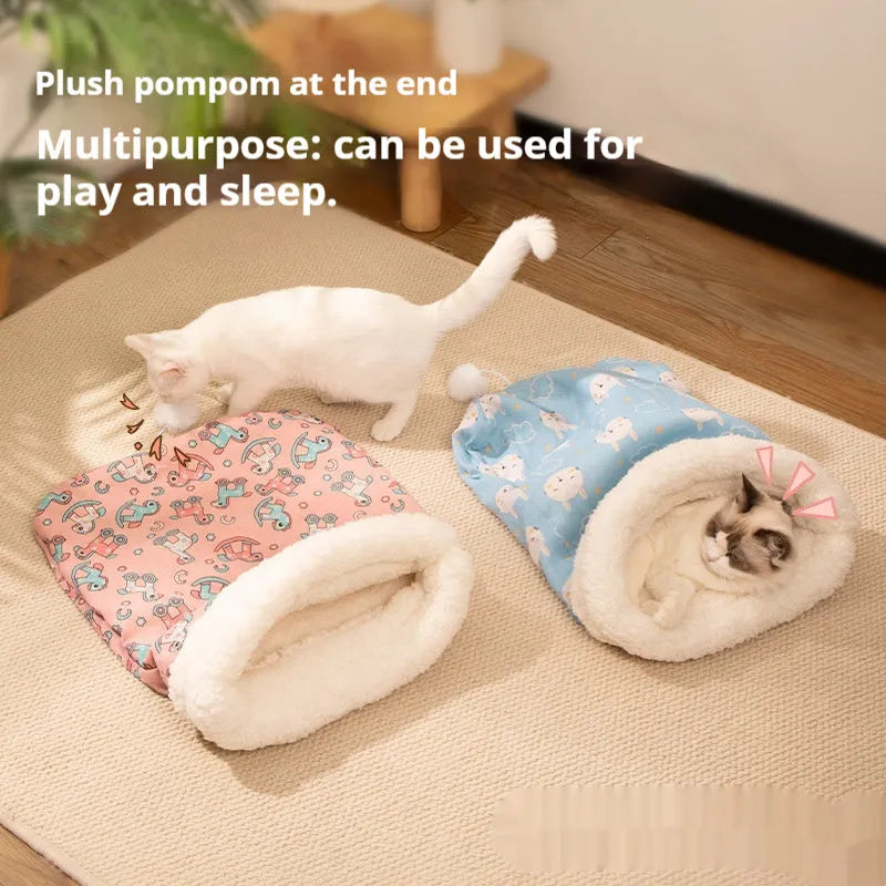 Flannel cat sleeping bag nest pet bed measuring 50x40cm with decorative embroidery