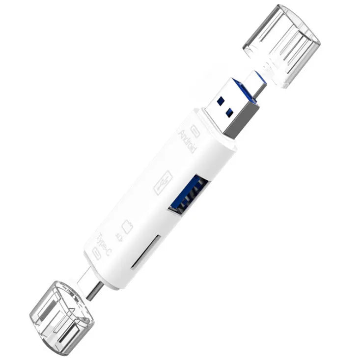 Black and white USB Type-C and Micro USB OTG hub adapter with integrated TF memory card reader.