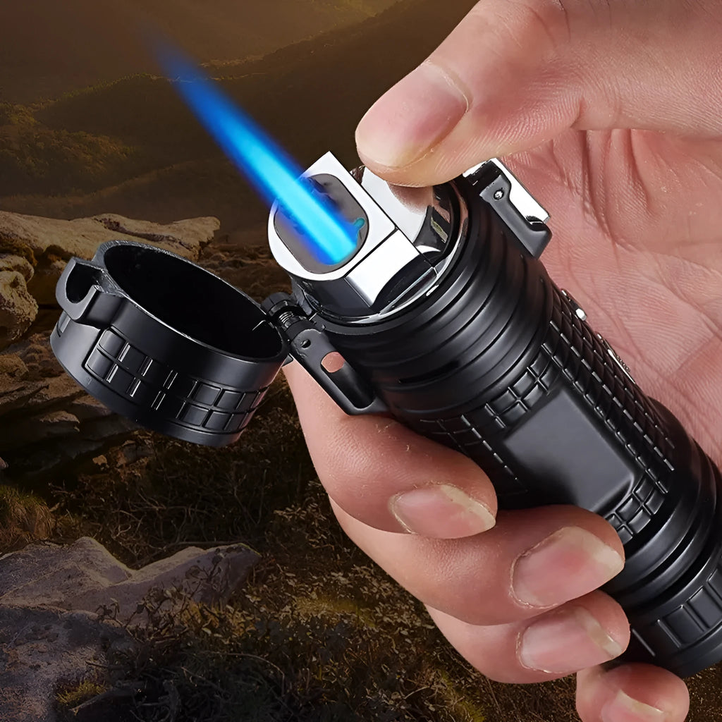 TH727 multifunctional metal flashlight lighter in camouflage, red, black, blue, and yellow colour options