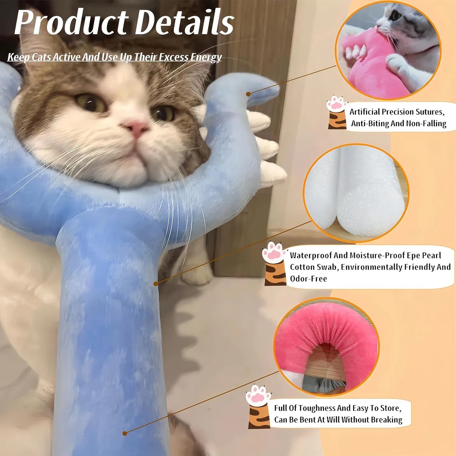 Blue plush cat wand toy with a soft head on a 70cm long stick for interactive pet play.