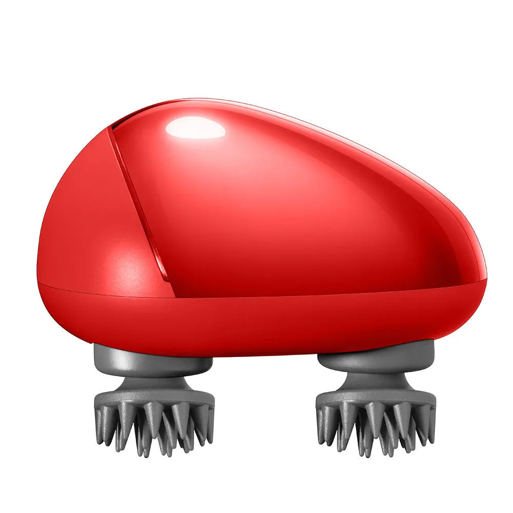 Red electric scalp massager with silicone comb for head tension relief.