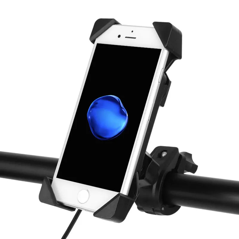 Black ABS motorcycle phone holder mounted on handlebar with adjustable arms and USB charging port