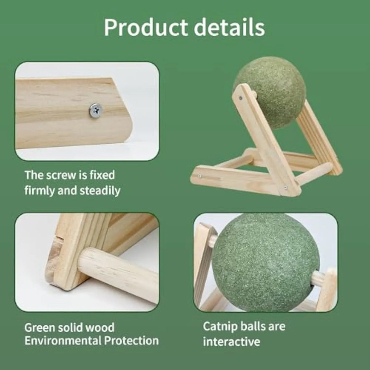 Giant green catnip ball with wooden holder for indoor cats, available in sizes L and S