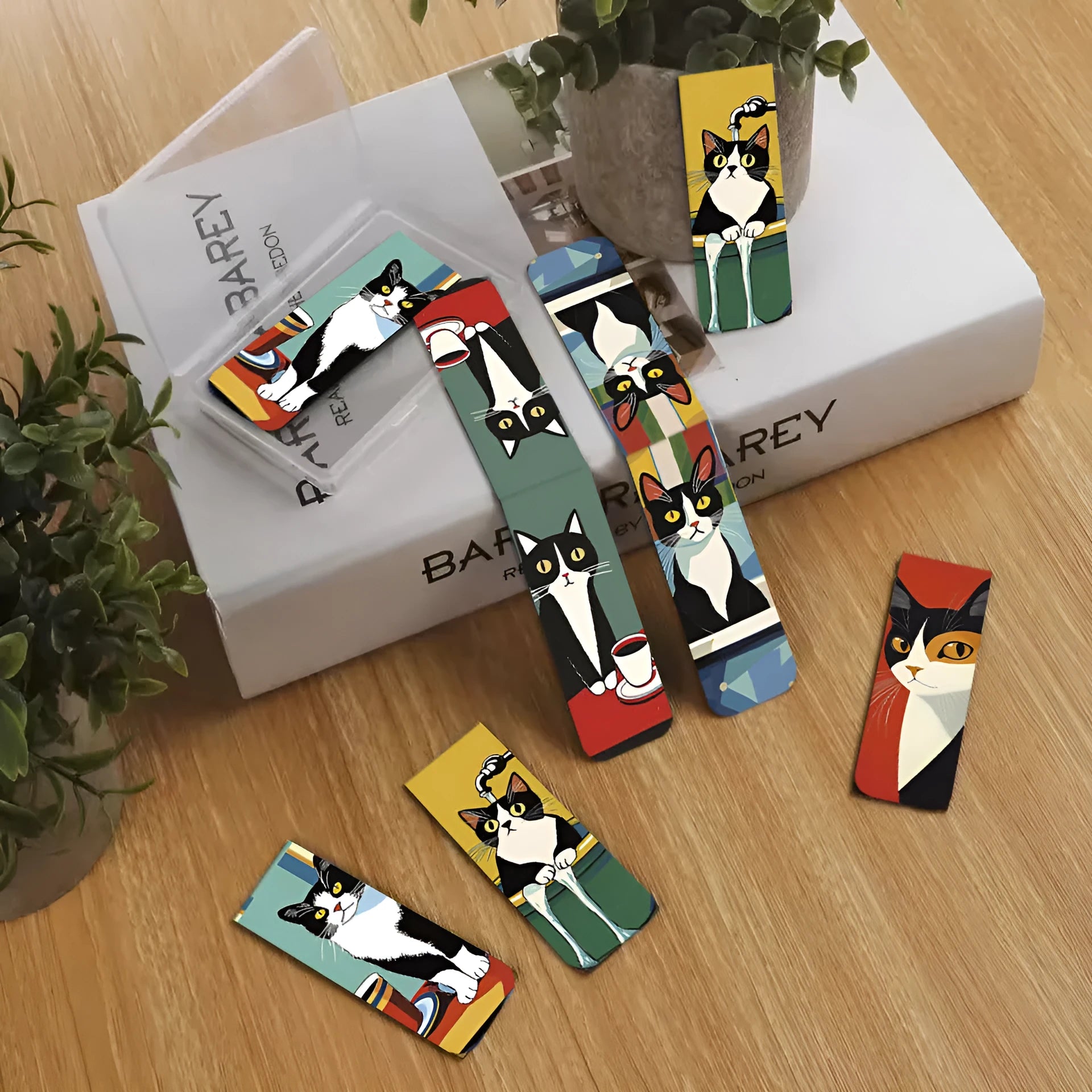 Set of five magnetic bookmarks with cute cat designs in assorted colours, displayed on a book page