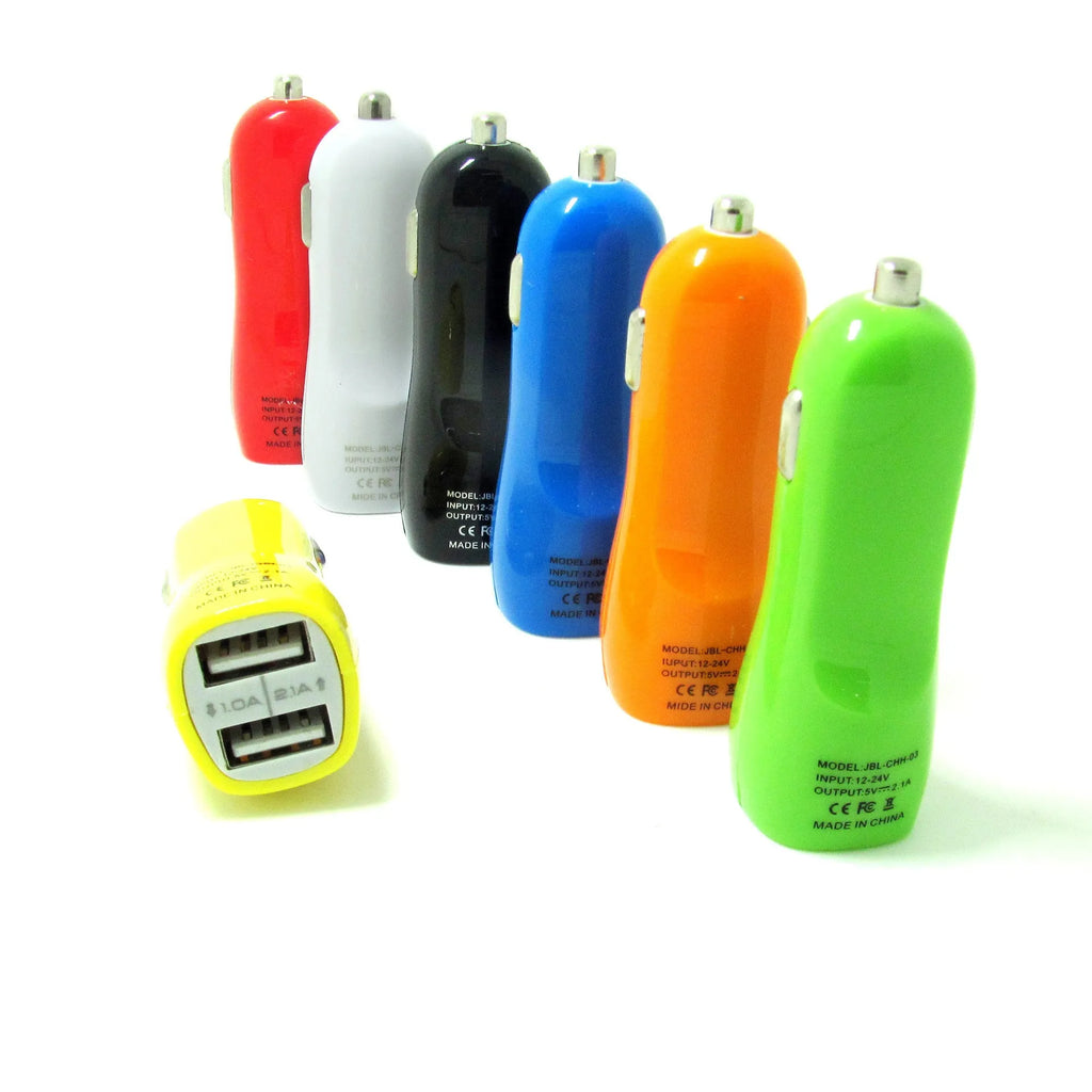 Dual USB car charger with blue LED light indicator showing two charging ports and cigarette lighter plug