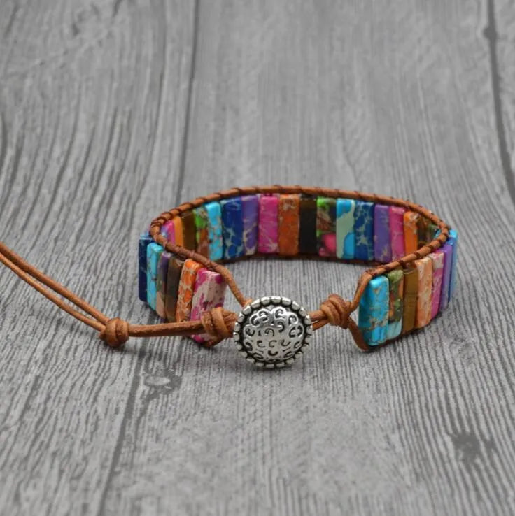 Handmade chakra bracelet with natural stone tube beads and leather wrap, easy-hook clasp, Bohemia style.