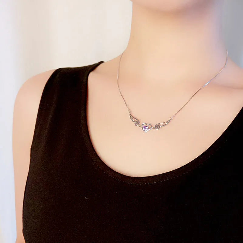 925 sterling silver angel wings pendant necklace with purple crystal heart on 45cm link chain
