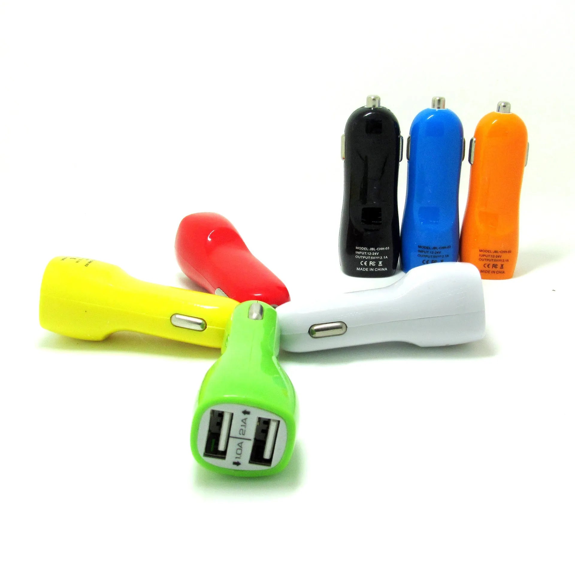 Dual USB car charger with blue LED light indicator showing two charging ports and cigarette lighter plug
