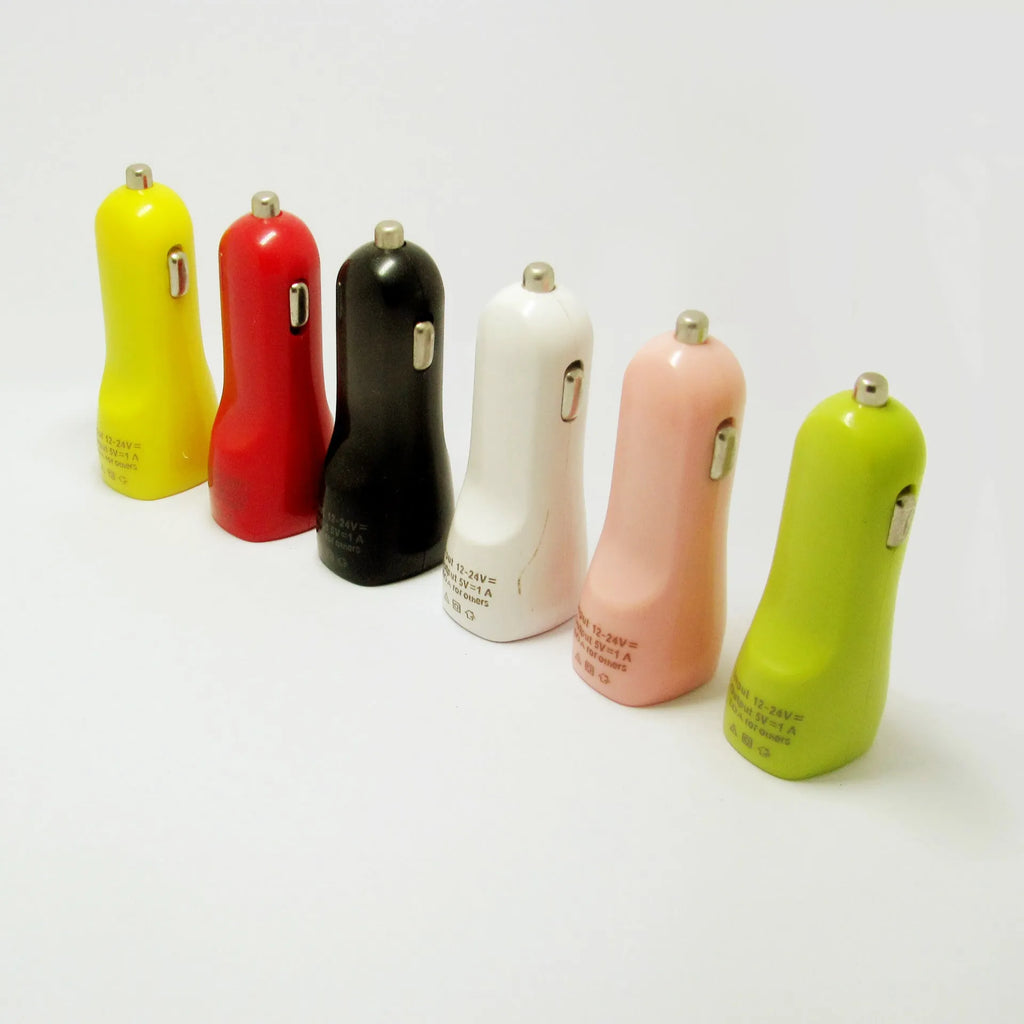 Dual USB car charger with blue LED light indicator showing two charging ports and cigarette lighter plug