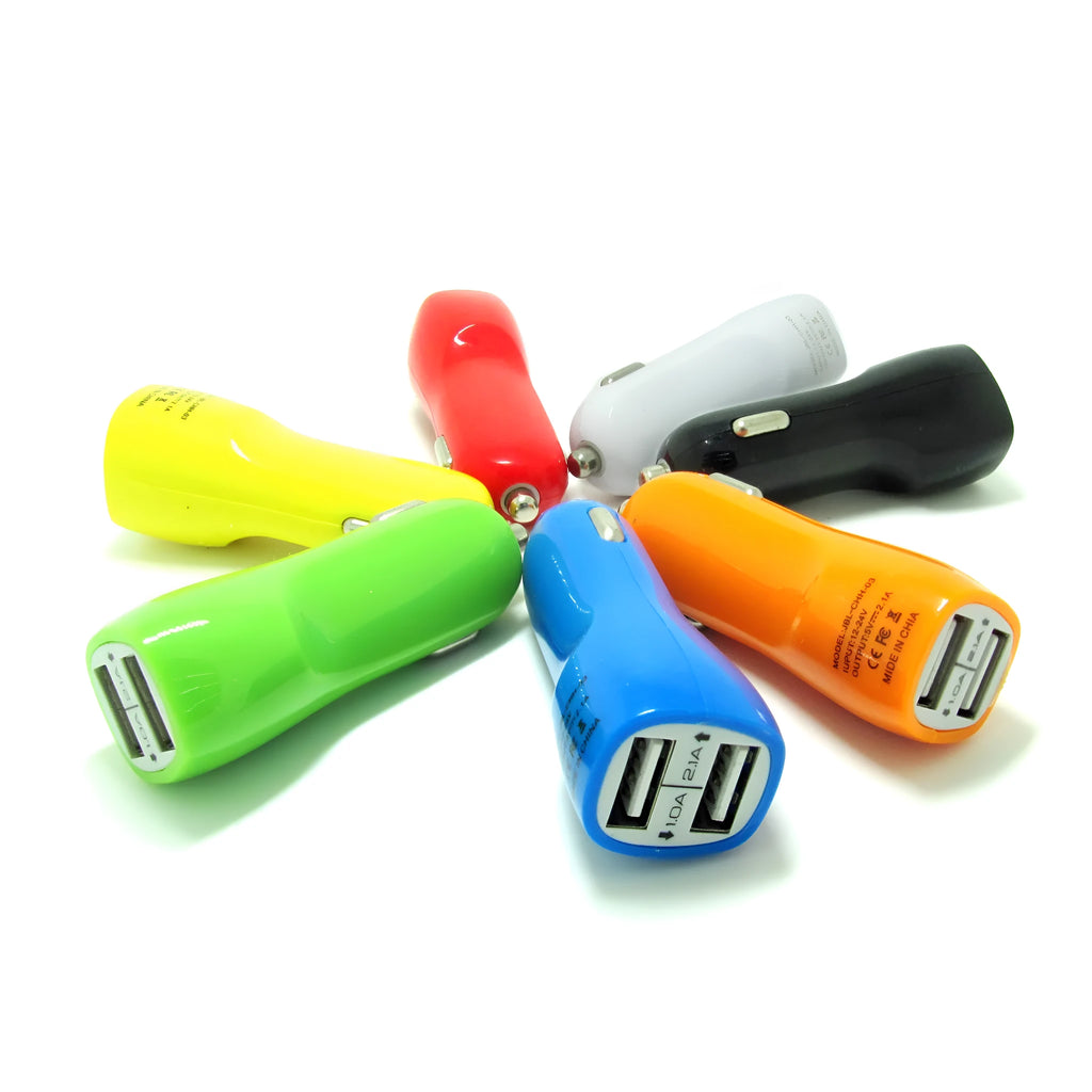 Dual USB car charger with blue LED light indicator showing two charging ports and cigarette lighter plug