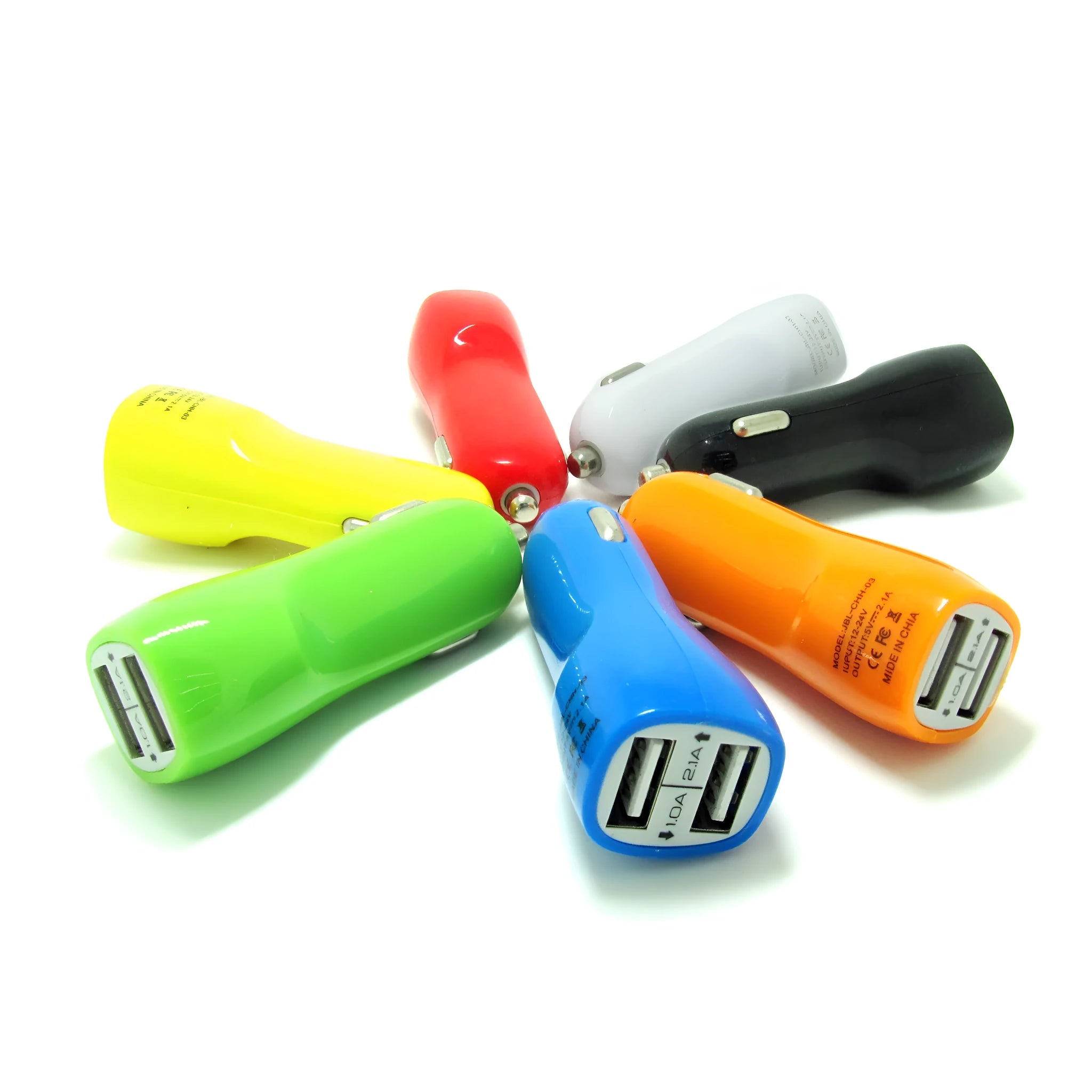 Dual USB car charger with blue LED light indicator showing two charging ports and cigarette lighter plug