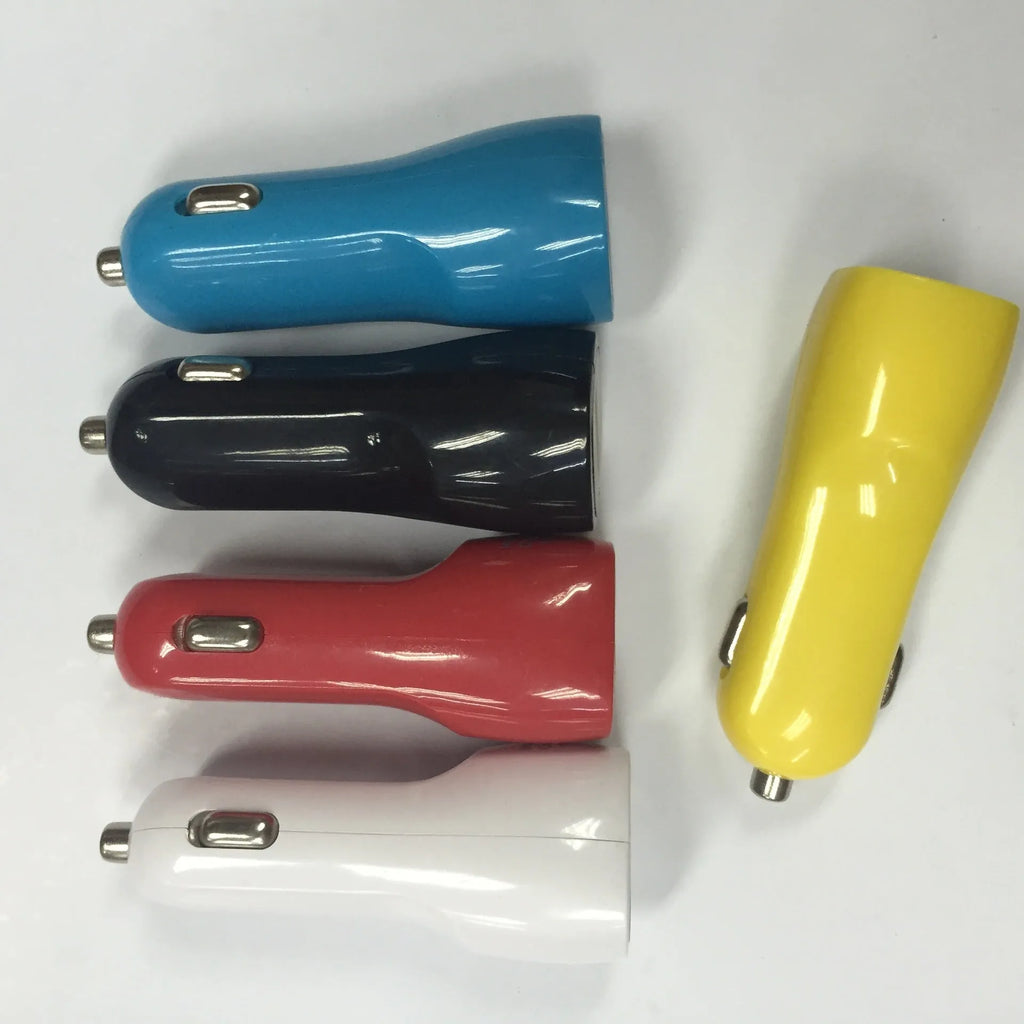 Dual USB car charger with blue LED light indicator showing two charging ports and cigarette lighter plug