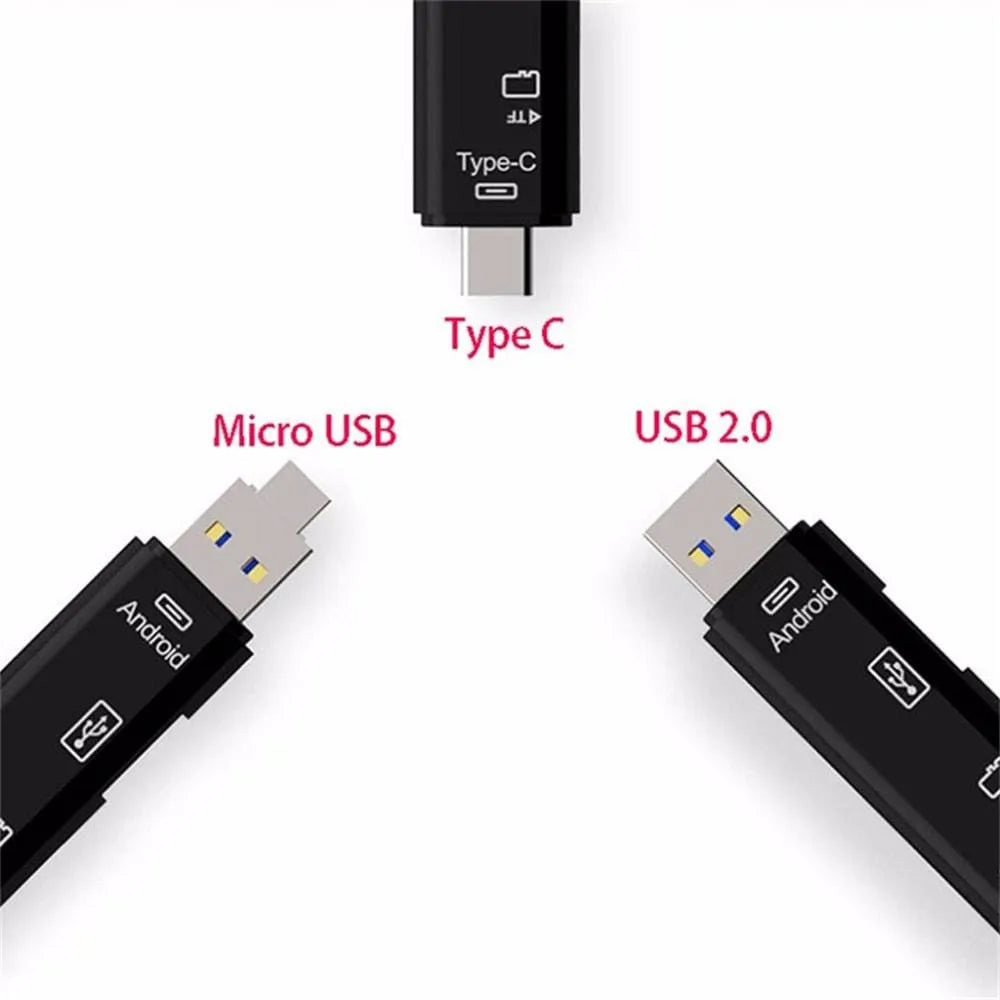 Black and white USB Type-C and Micro USB OTG hub adapter with integrated TF memory card reader.