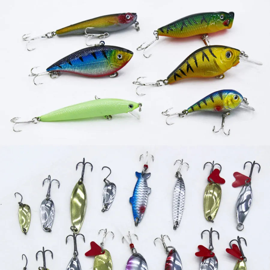 Rose red case containing 132-piece fishing lure set with soft plastic baits and steel hooks