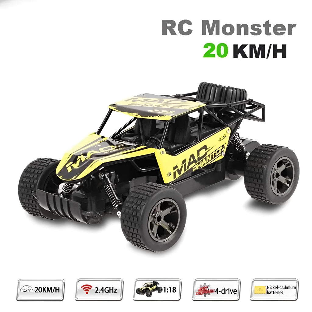 Blue and yellow 1:18 scale remote control drift car with 2.4GHz transmitter on a flat surface