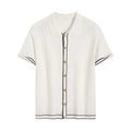 White short sleeve women's cardigan with a dark contrast lapel collar, shown open front.