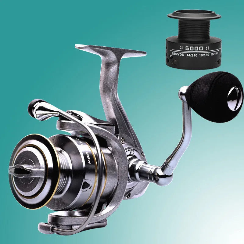 Silver sub fishing line wheel with all-metal rocker arm and metal wire cup on white background
