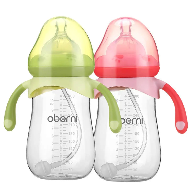 Blue wide neck baby bottle with handle in gourd shape on white background