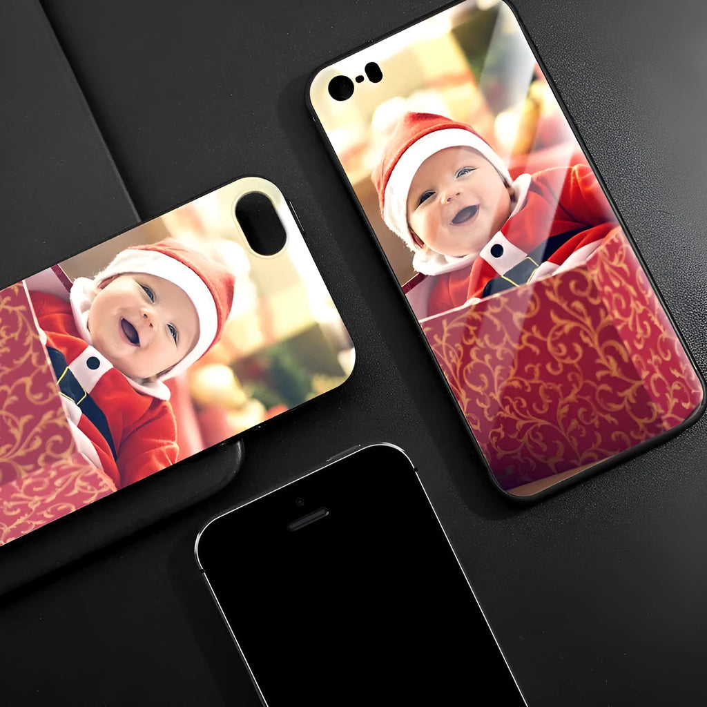 Patterned hard iPhone case with raised edge around camera lens on a table