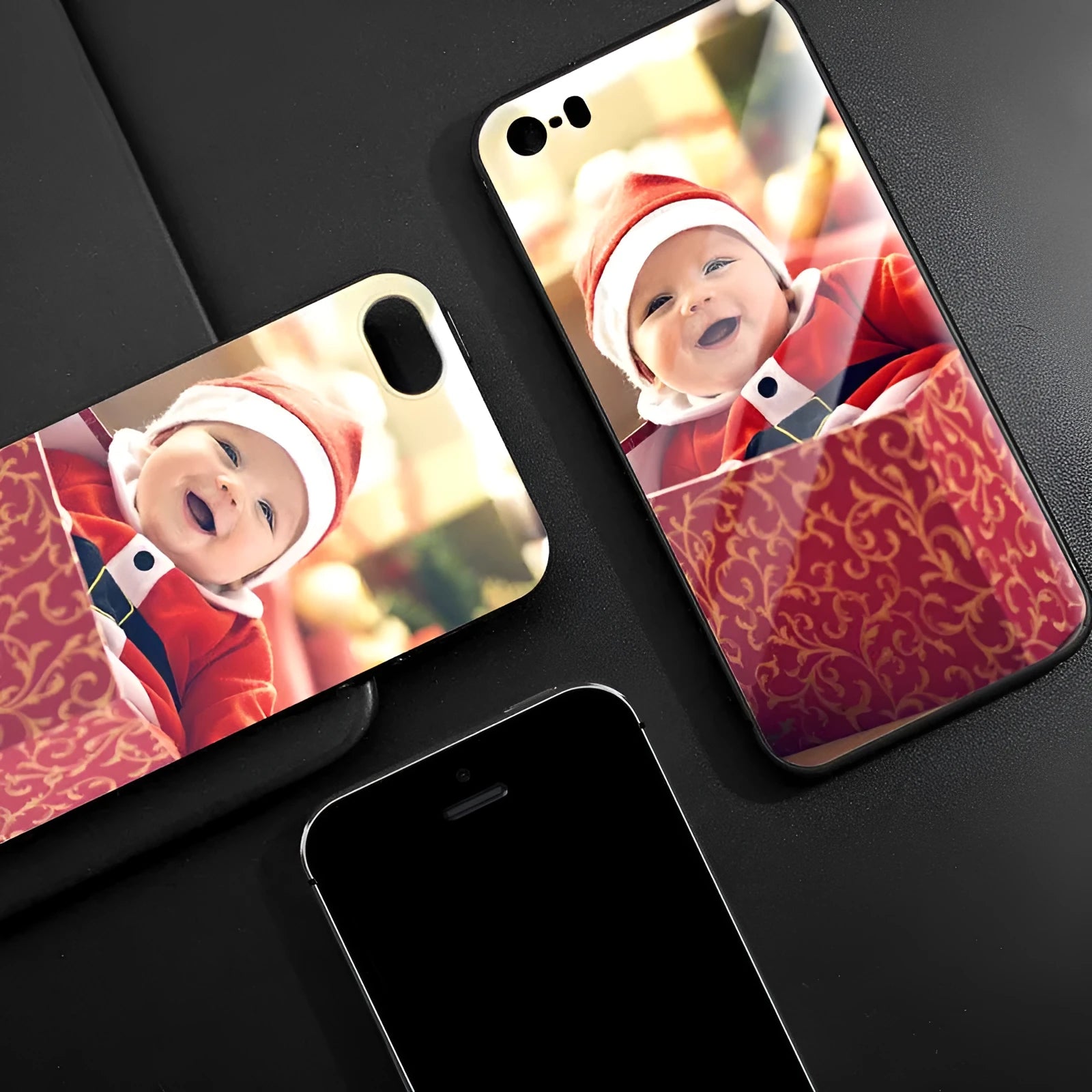 Patterned hard iPhone case with raised edge around camera lens on a table