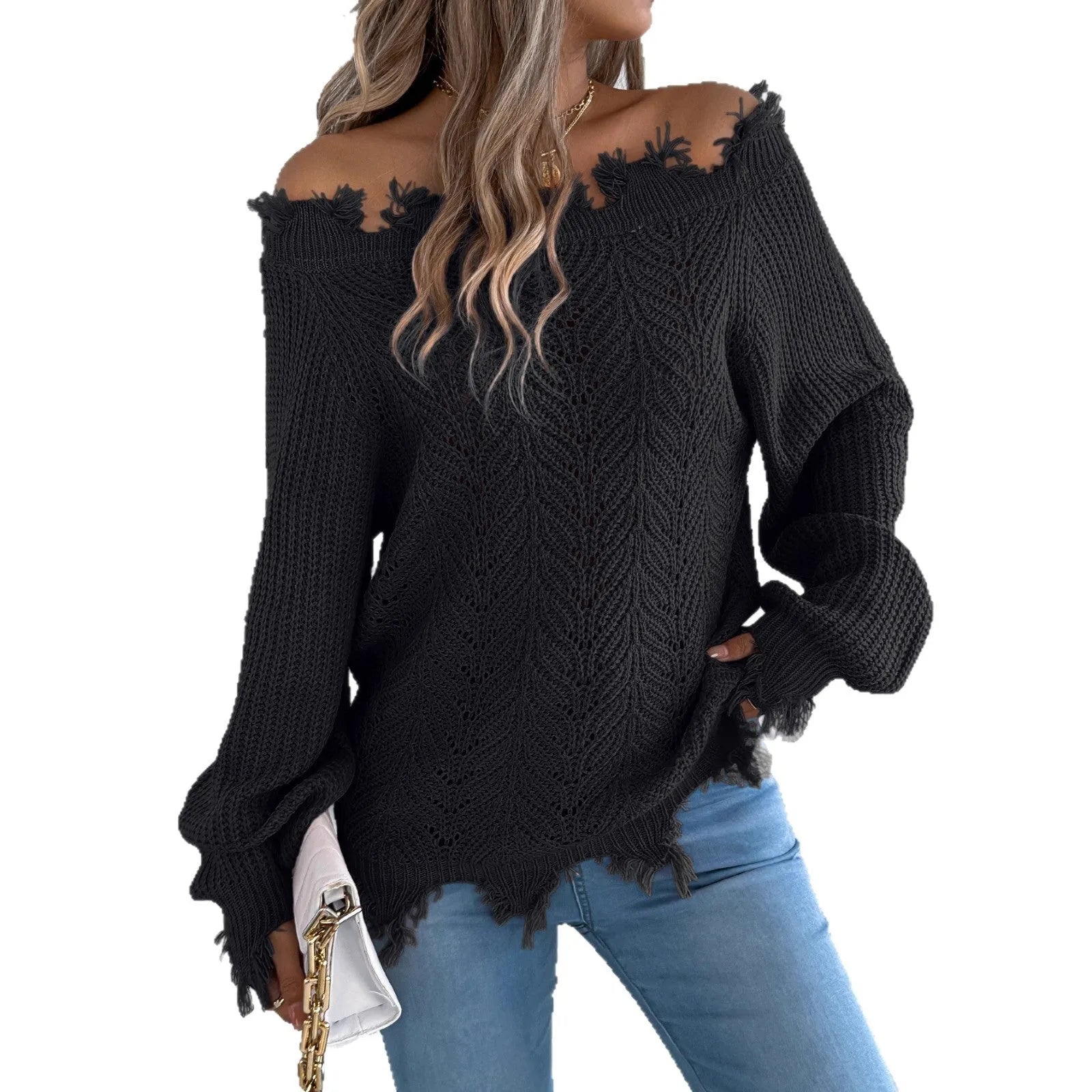 White women's hollow-out off-the-shoulder long sleeve acrylic wool pullover sweater