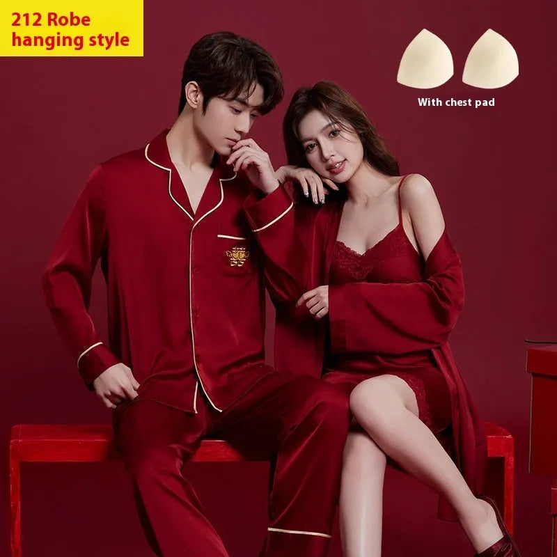Red silk pyjama set for men and women with long sleeves and trouser length