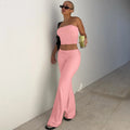 Women's tube top and flared pants suit in milk silk fabric, apricot colour, high elasticity, street fashion style