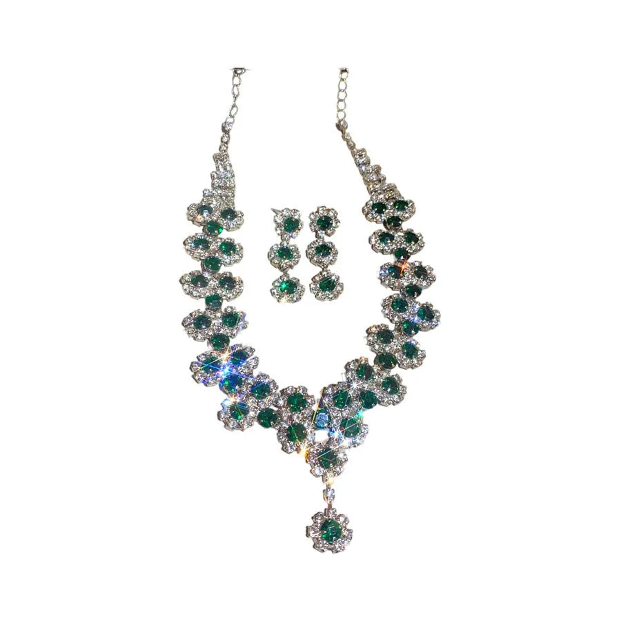 Diamond flower multi-layer pendant necklace and earrings set in silver colour on copper base