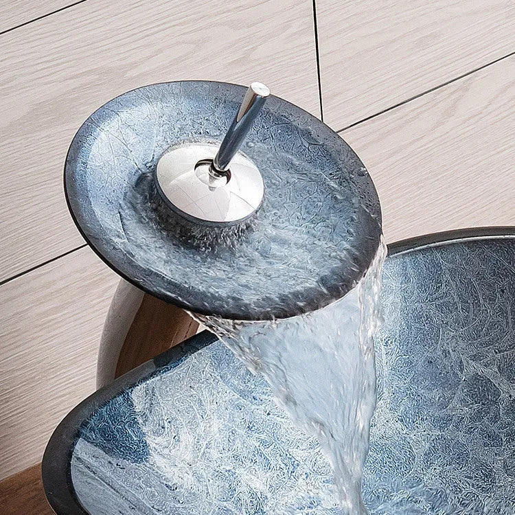 Blue grey tempered glass table basin with simple art design for bathroom installation