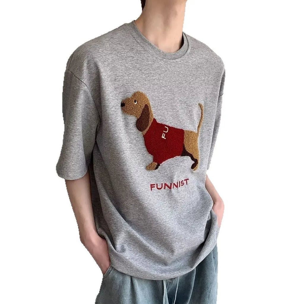 Mens grey cotton T-shirt with embroidered sausage dog towel design on front