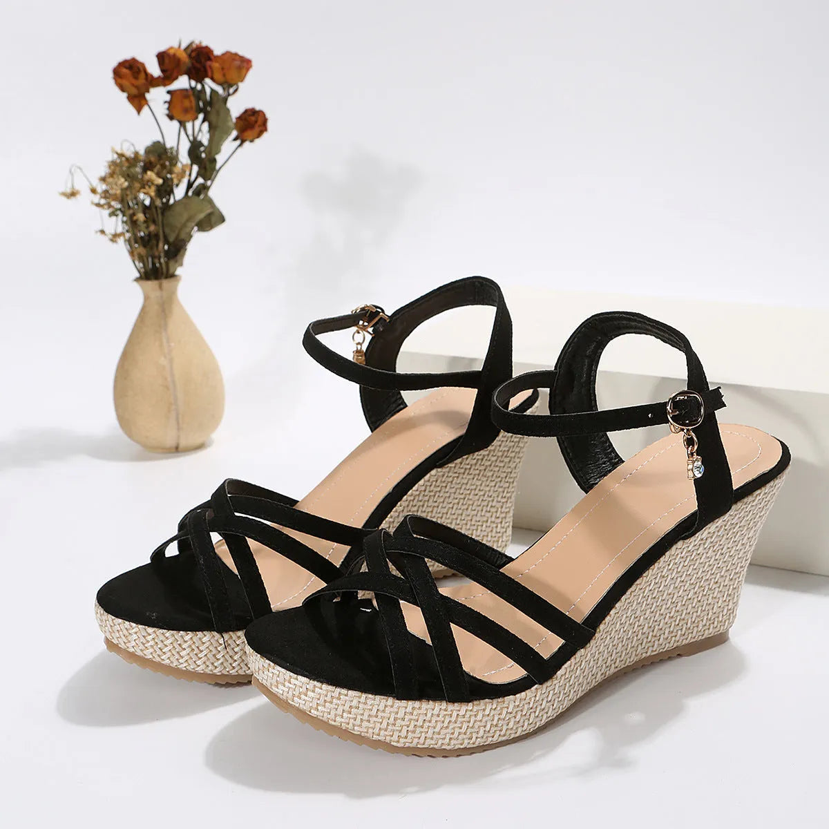 Women's wedge sandals with fish mouth toe and cloth upper in black and beige