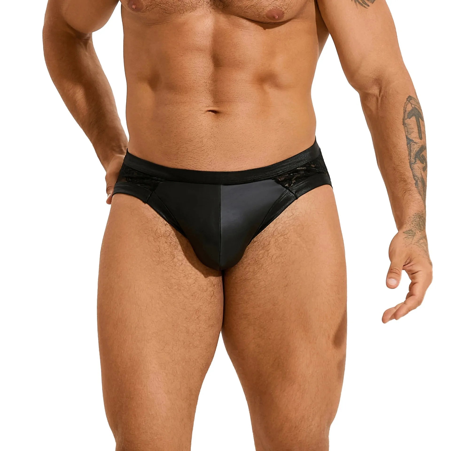Men's black faux leather briefs with decorative stitching and lace trim