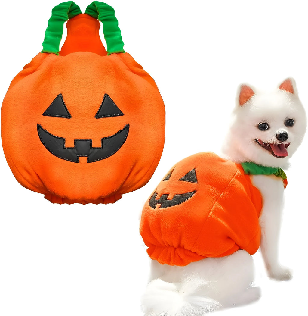 Orange plush pumpkin Halloween costume for small dog with pullover design and festive appearance