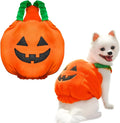 Orange plush pumpkin Halloween costume for small dog with pullover design and festive appearance