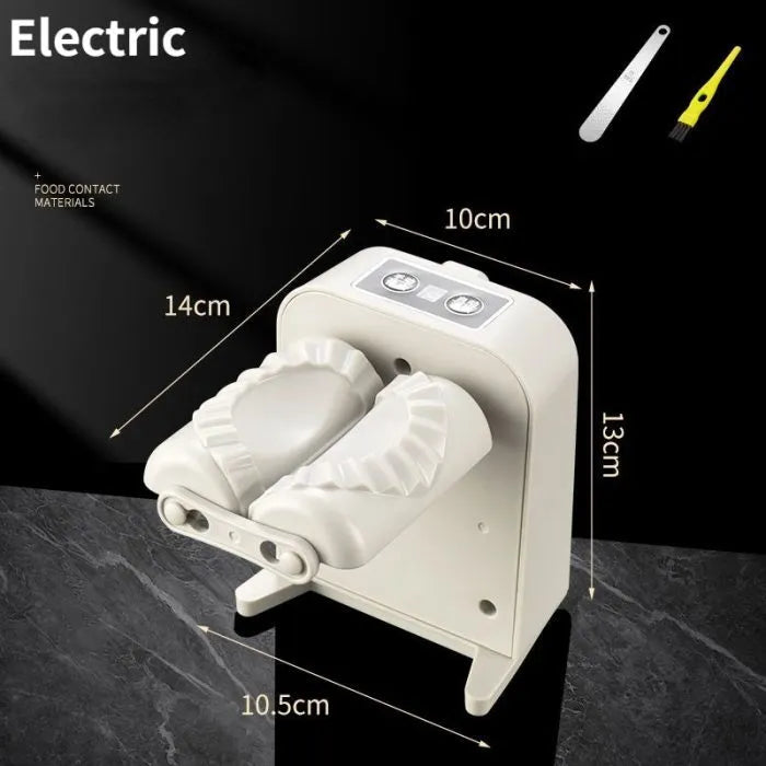 White electric automatic dumpling maker machine with accessories on a kitchen counter.