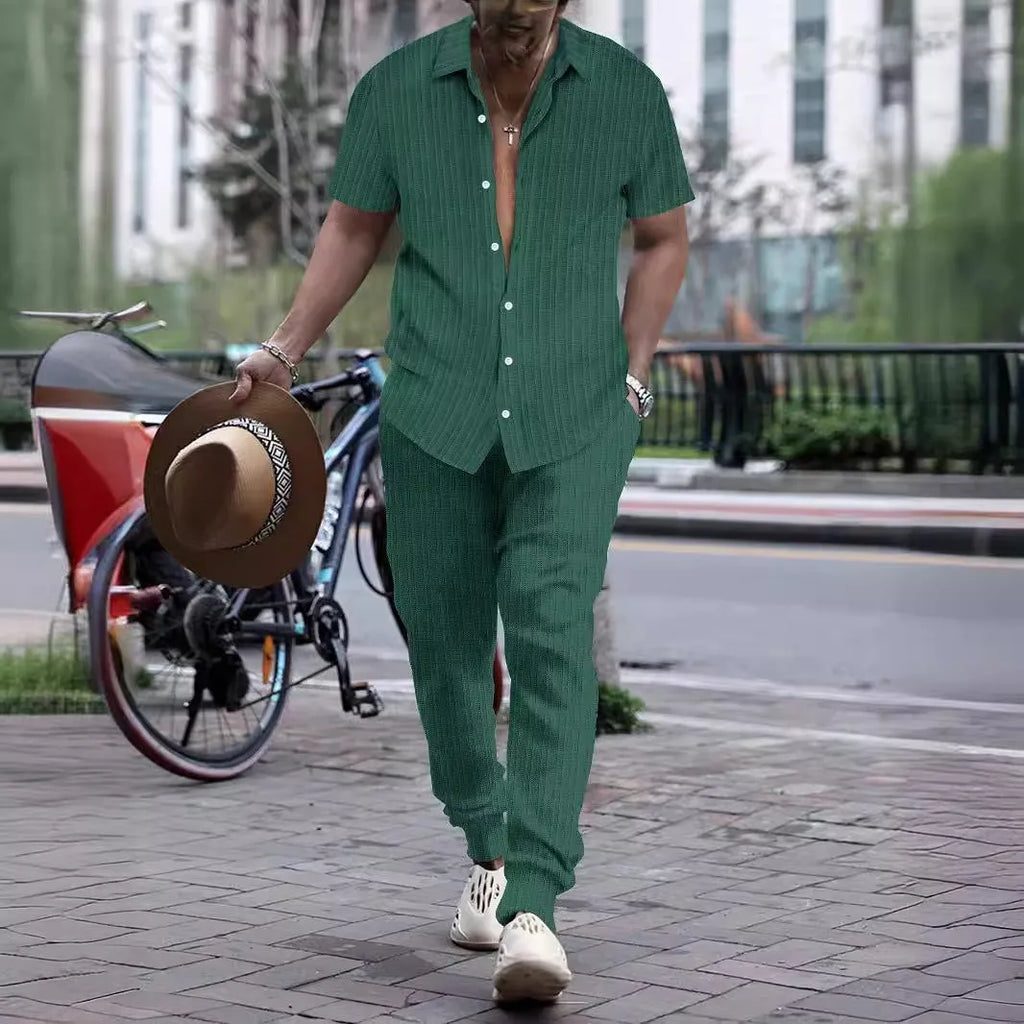 Men's casual short sleeve shirt and trousers beach suit set in cotton blend fabric