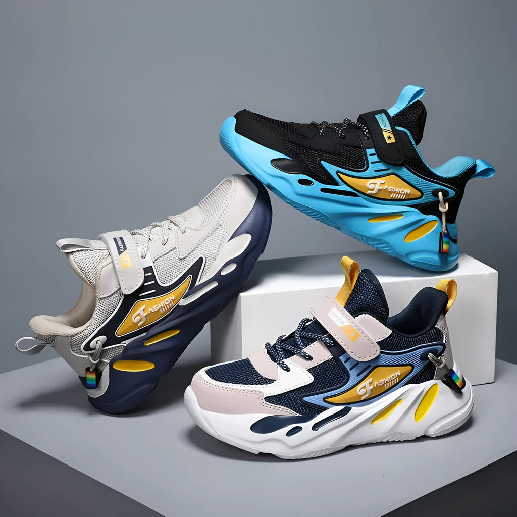 Boys' blue and black sports running shoes with velcro fastening and platform sole