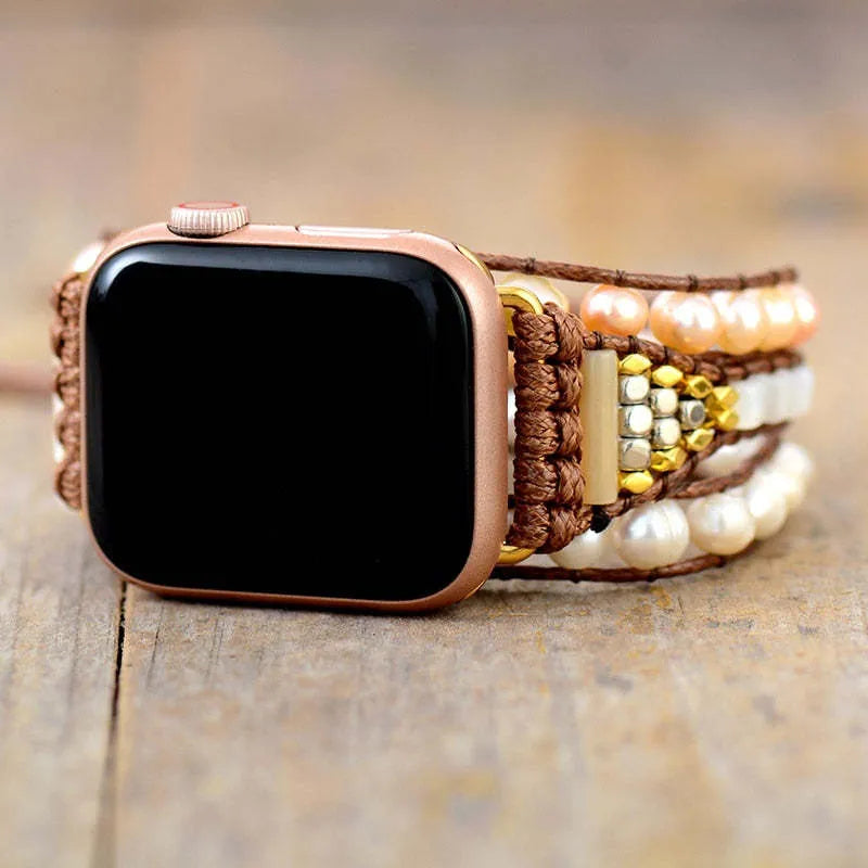 Handmade pearl watch strap on a wrist showing pearl accents, suitable for 38mm to 49mm dials